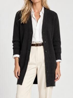 Ralph Lauren Wool Cashmere Cardigan V-Neck Chunky Rib Knit Long Sweater Gray